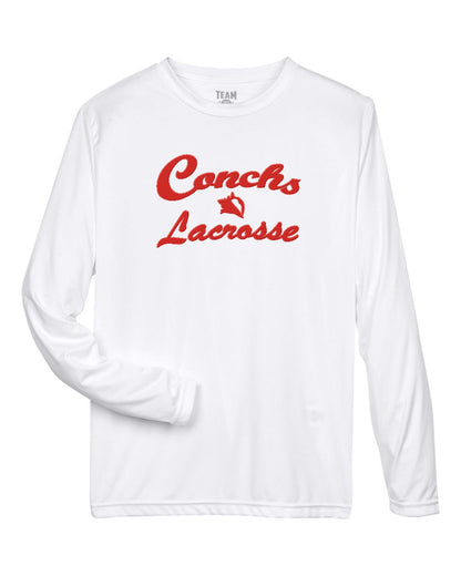 White long-sleeve shirt with red 'Conchs Lacrosse' text on a white background