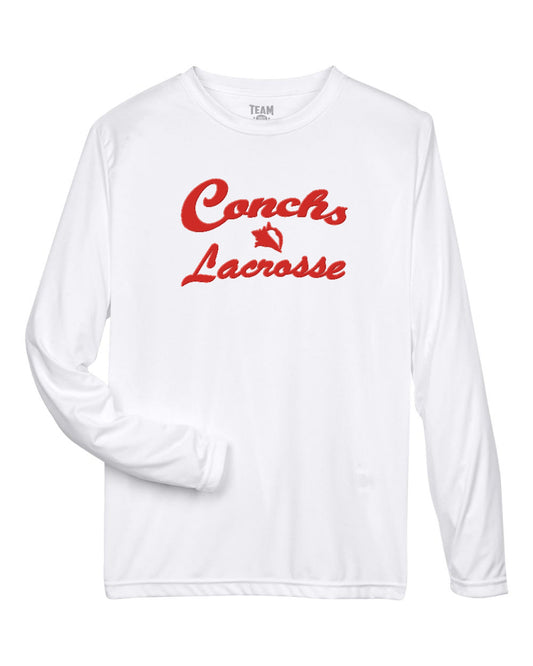 White long-sleeve shirt with red 'Conchs Lacrosse' text on a white background