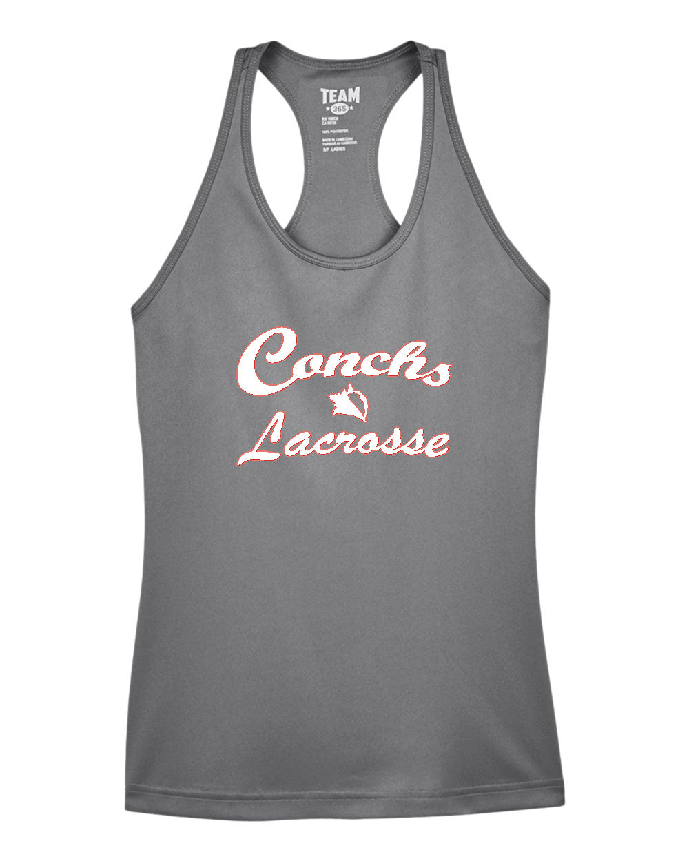 Gray tank top with 'Conchs Lacrosse' text on a white background
