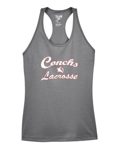 Gray tank top with 'Conchs Lacrosse' text on a white background