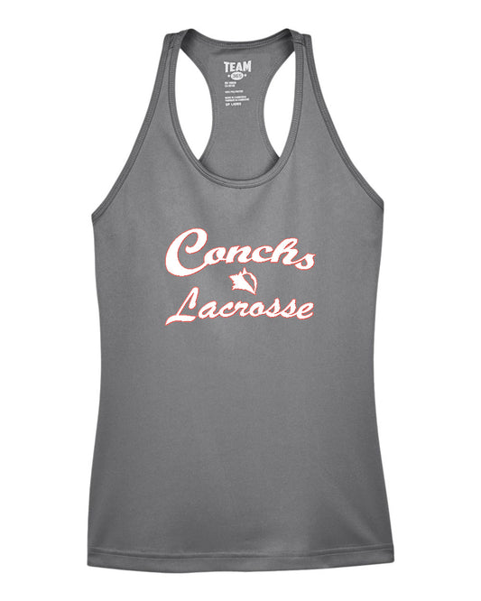 Gray tank top with 'Conchs Lacrosse' text on a white background