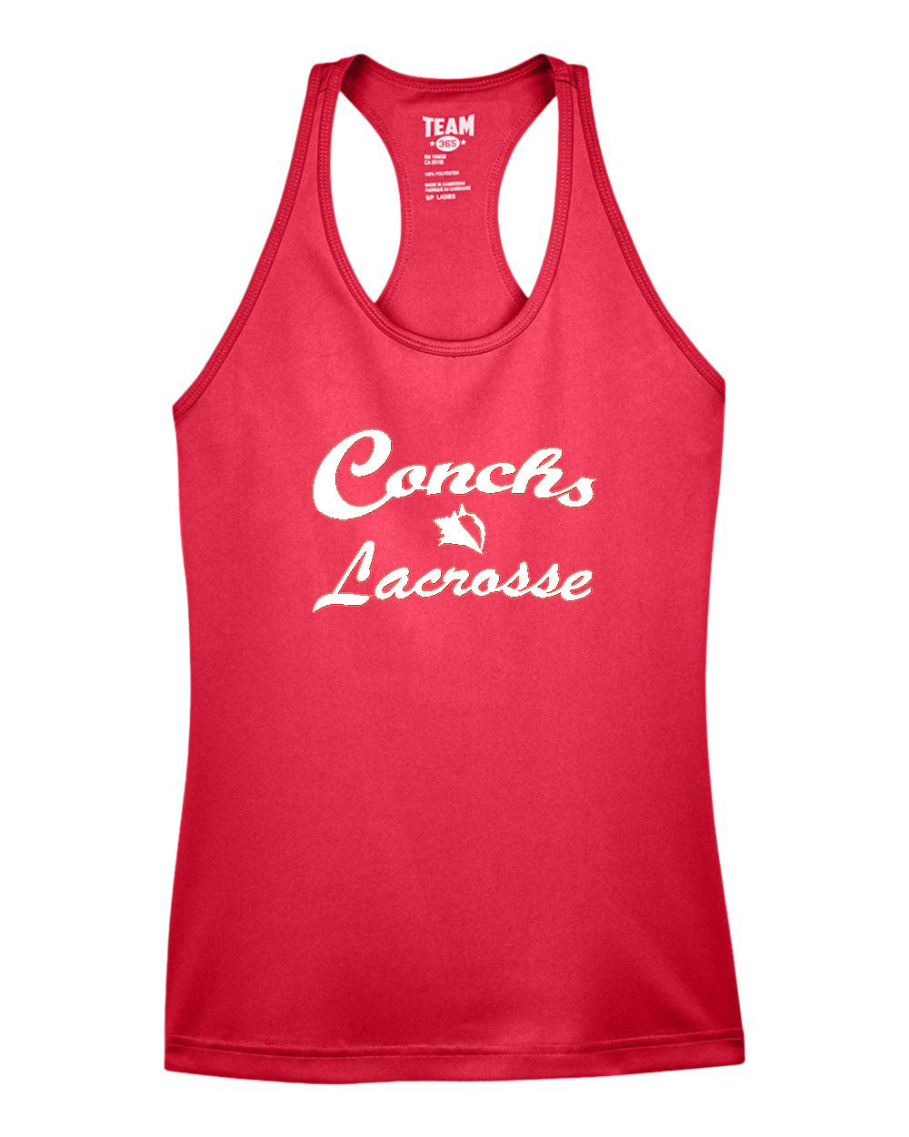 Red tank top with 'Conchs Lacrosse' text on a white background
