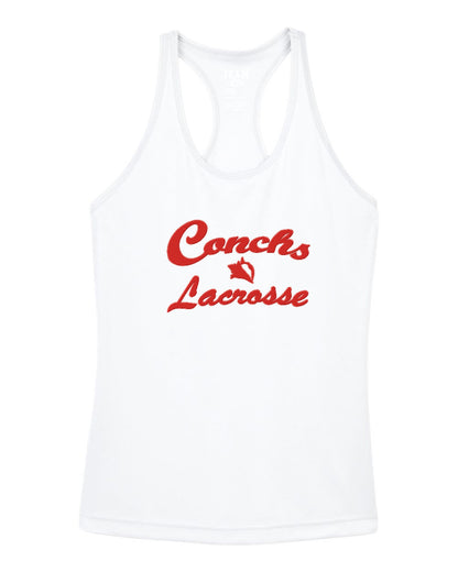 White tank top with red 'Conchs Lacrosse' text on a white background