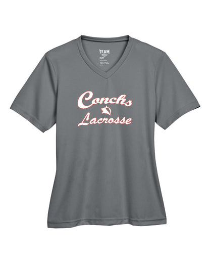 Gray t-shirt with 'Coach's Lacrosse' text on a white background