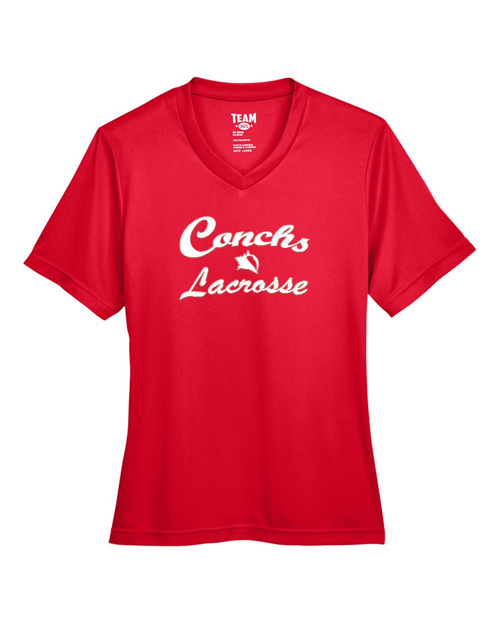Red t-shirt with 'Conchs Lacrosse' text on a white background