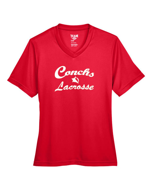Red t-shirt with 'Conchs Lacrosse' text on a white background