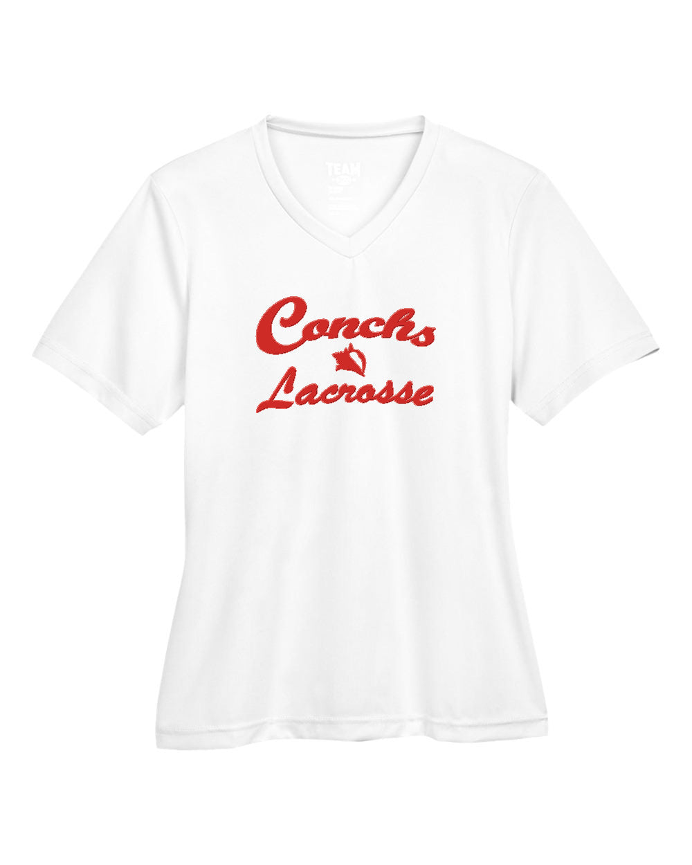 White t-shirt with red 'Conchs Lacrosse' text on a white background