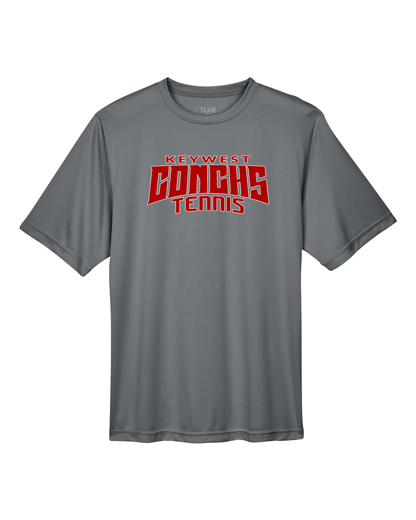 Grey t-shirt with 'Keywest Conchs Tennis' in red and white text on a white background