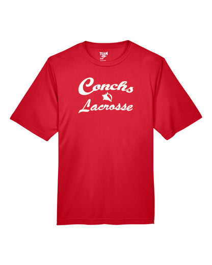 Red t-shirt with 'Conchs Lacrosse' text on a white background