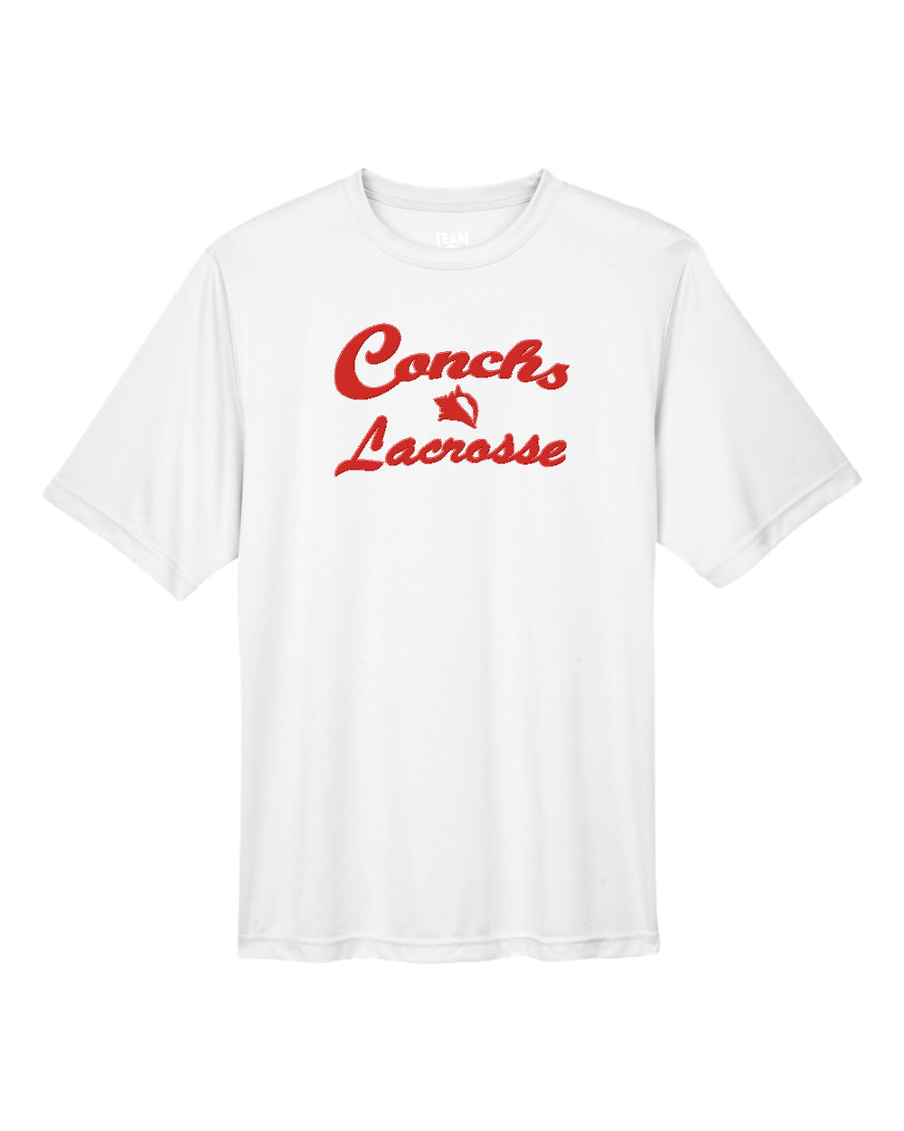 White t-shirt with red 'Conchs Lacrosse' text on a white background