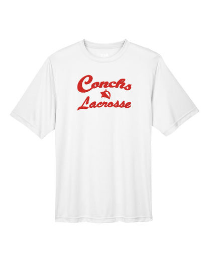 White t-shirt with red 'Conchs Lacrosse' text on a white background