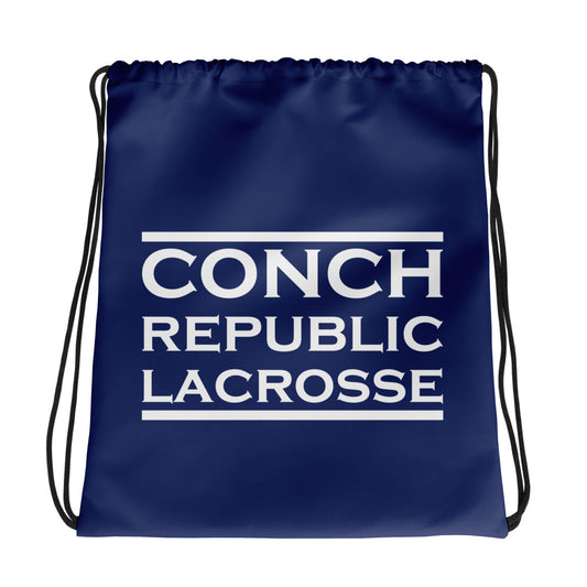 Navy drawstring bag with 'Conch Republic Lacrosse' text on a white background