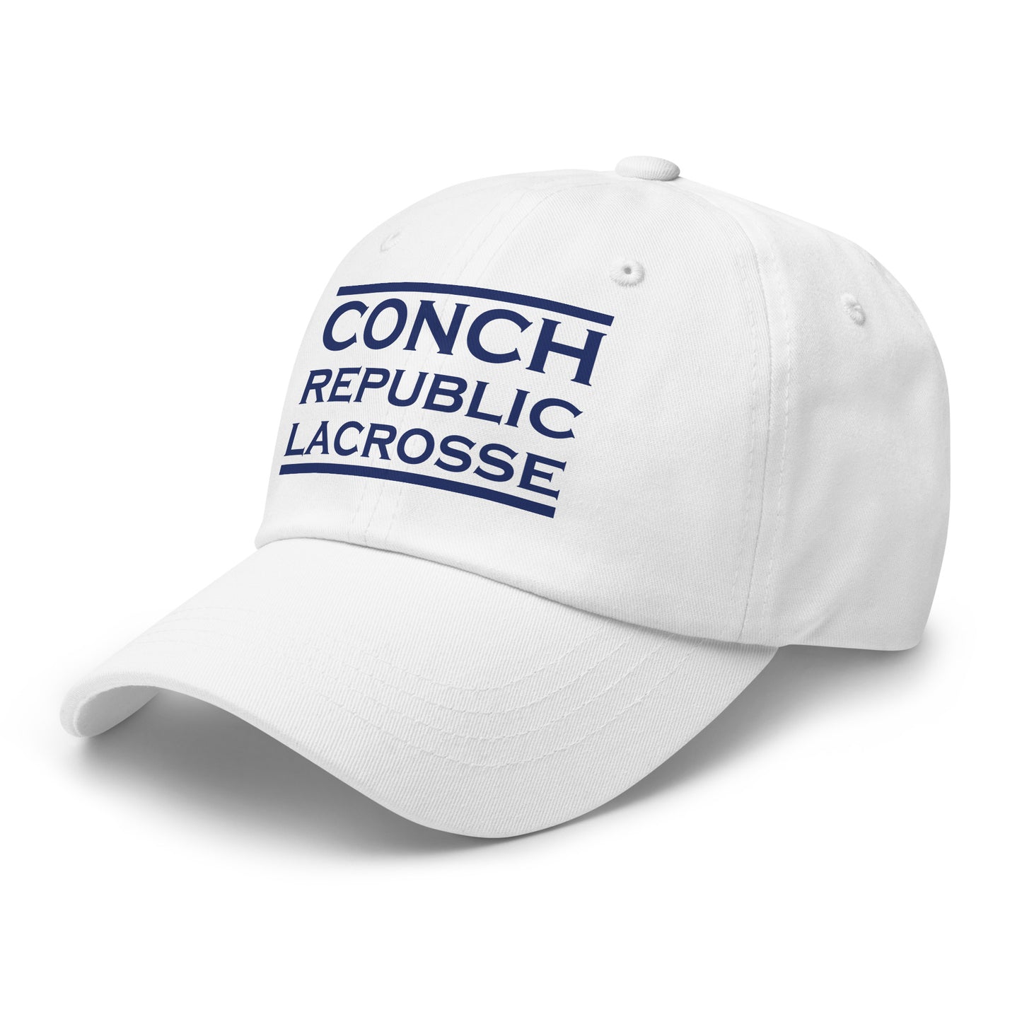 White cap with 'Conch Republic Lacrosse' text on a white background
