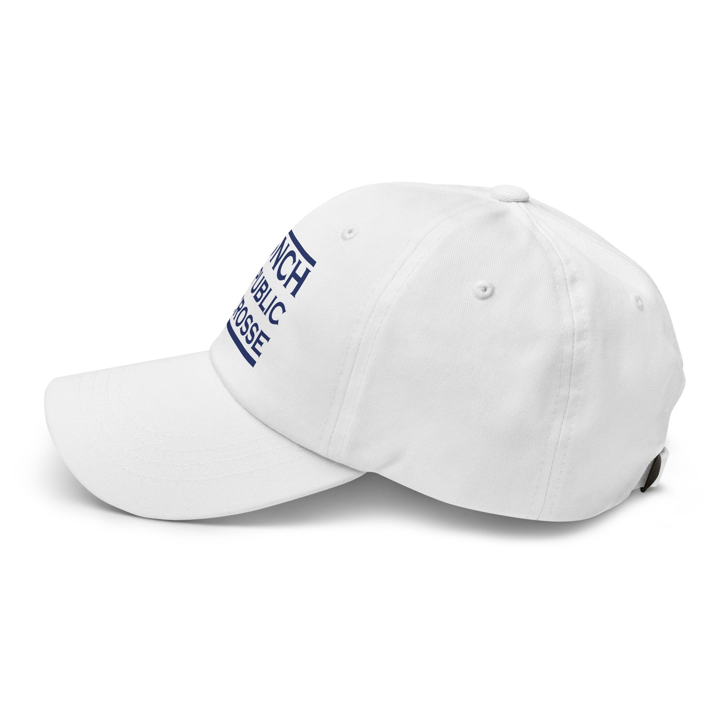 Side view of white cap with 'Conch Republic Lacrosse' text on a white background