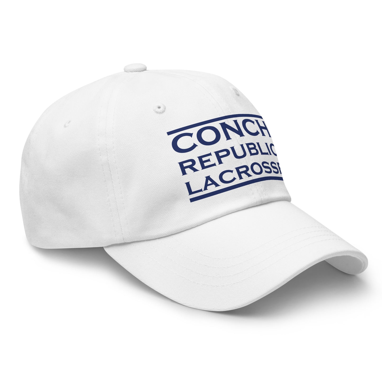 Front view of white cap with 'Conch Republic Lacrosse' text on a white background