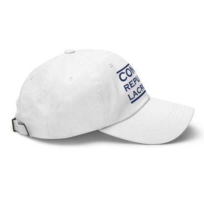 Side view of white cap with 'Conch Republic Lacrosse' text on a white background