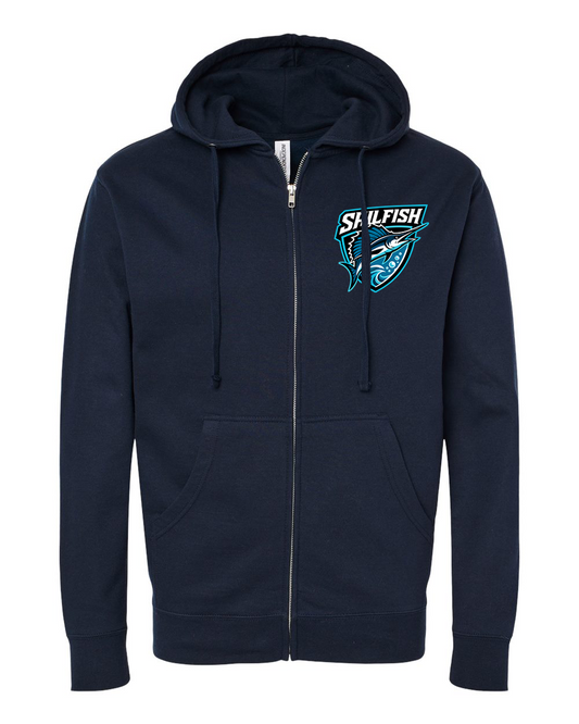 Navy Sigsbee Sailfish Shield full-zip hoodie product mockup