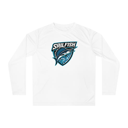 White Sigsbee Sailfish Shield Long-Sleeve Performance Tee product mockup