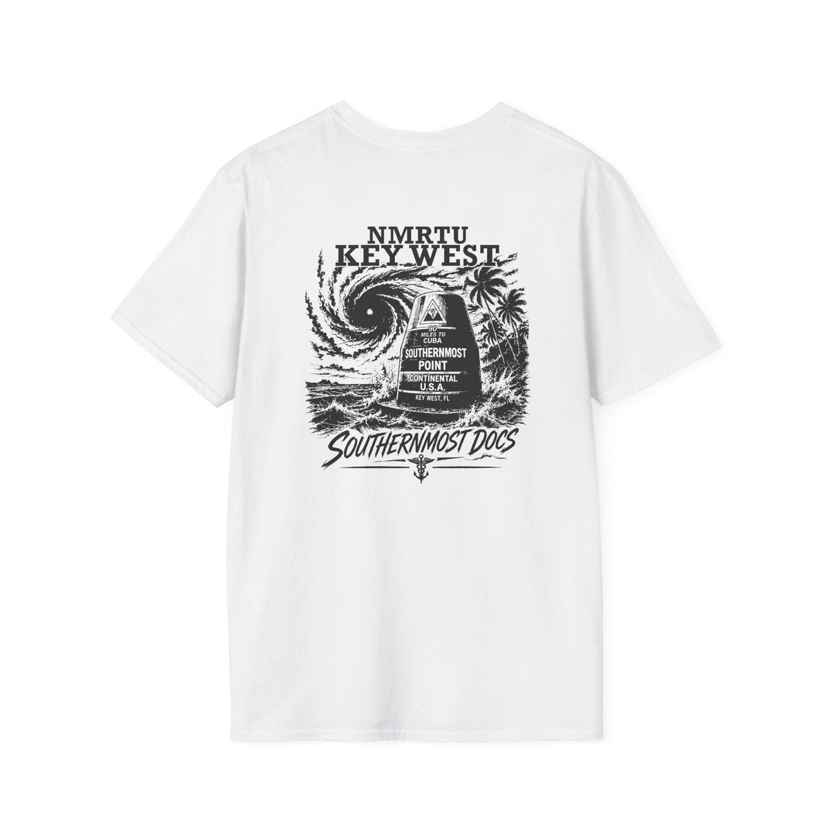 Southernmost Docs MWR fundraiser youth supporter shirt back mockup in White; adult garment mockup used to show artwork