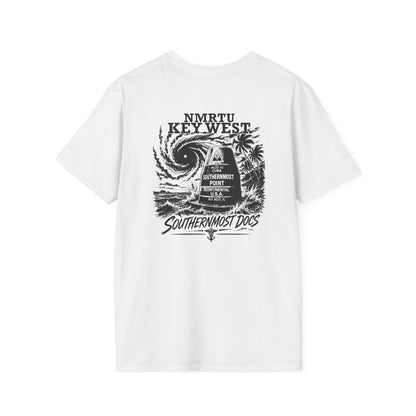 Southernmost Docs MWR fundraiser youth supporter shirt back mockup in White; adult garment mockup used to show artwork