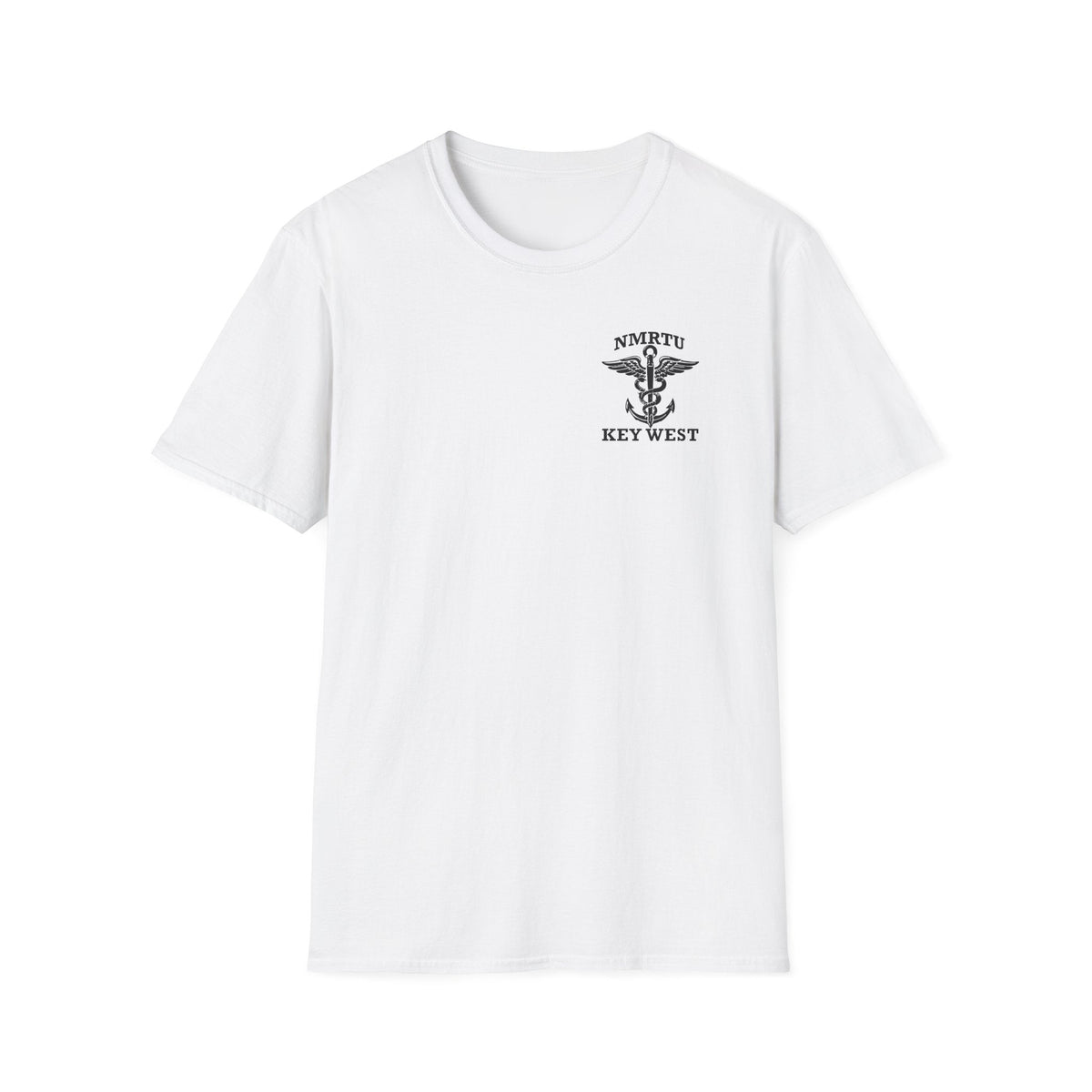 Southernmost Docs MWR fundraiser youth supporter shirt front mockup in White; adult garment mockup used to show artwork
