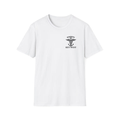Southernmost Docs MWR fundraiser youth supporter shirt front mockup in White; adult garment mockup used to show artwork