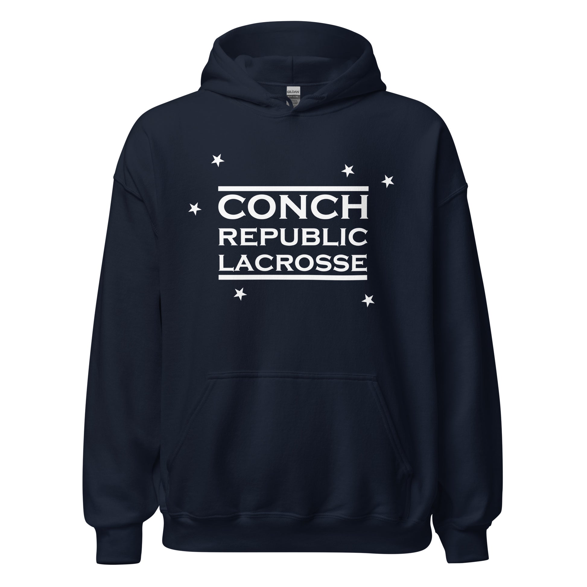 Navy blue hoodie with 'Conch Republic Lacrosse' text on a white background
