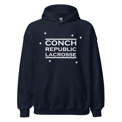 Navy blue hoodie with 'Conch Republic Lacrosse' text on a white background