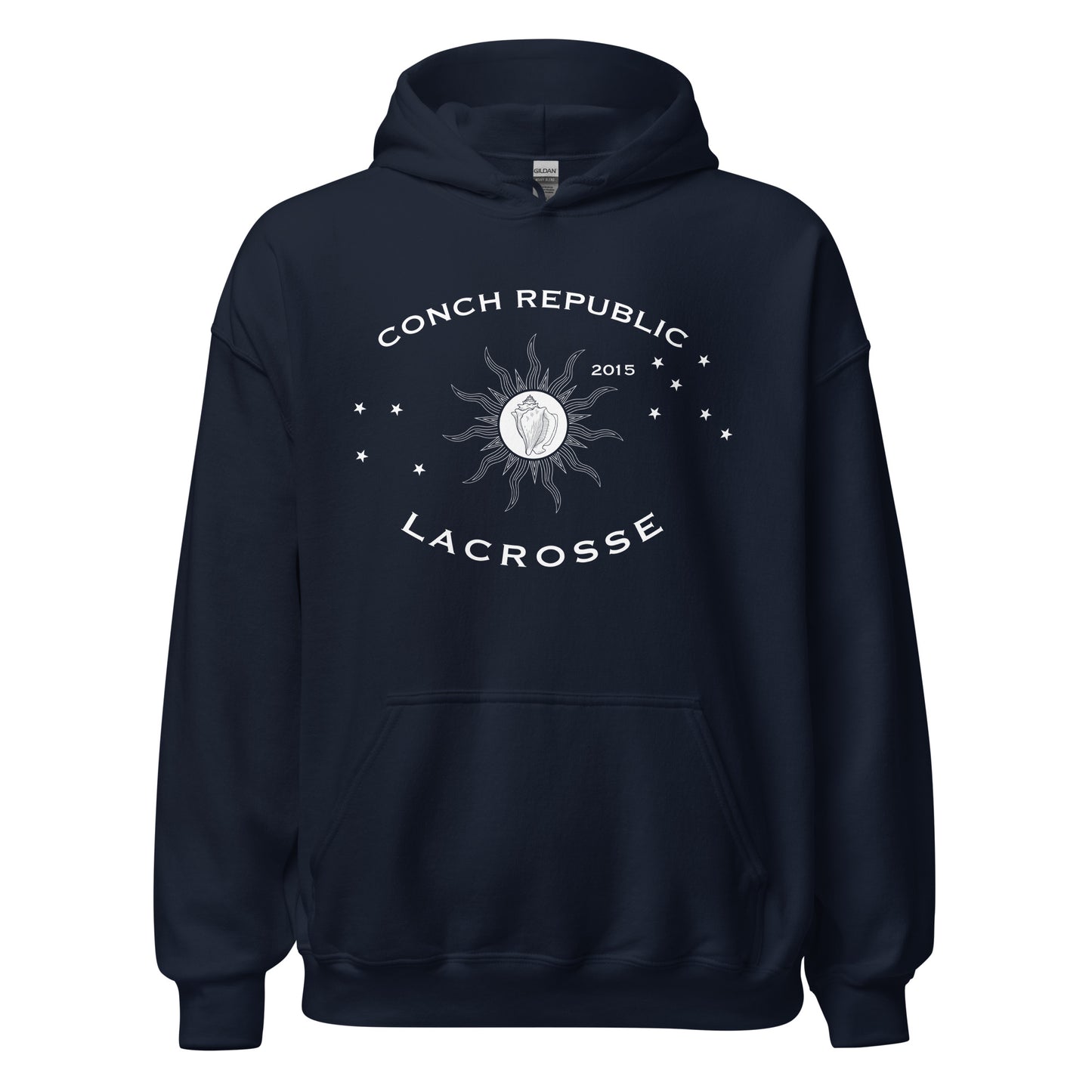 Navy blue hoodie with 'Conch Republic Lacrosse' logo on a white background