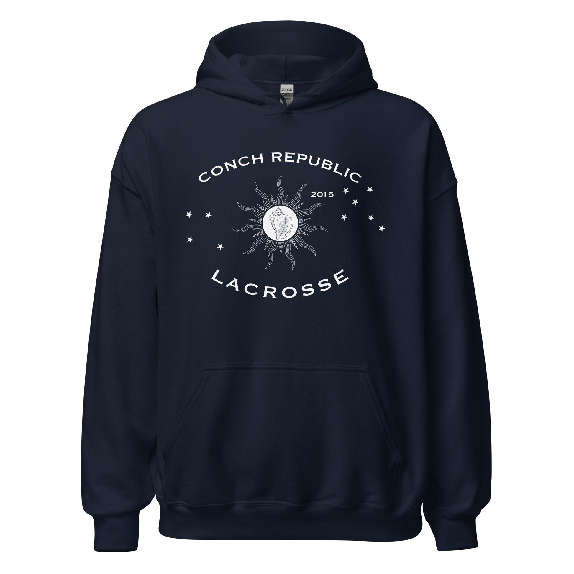 Navy blue hoodie with 'Conch Republic Lacrosse' logo on a white background