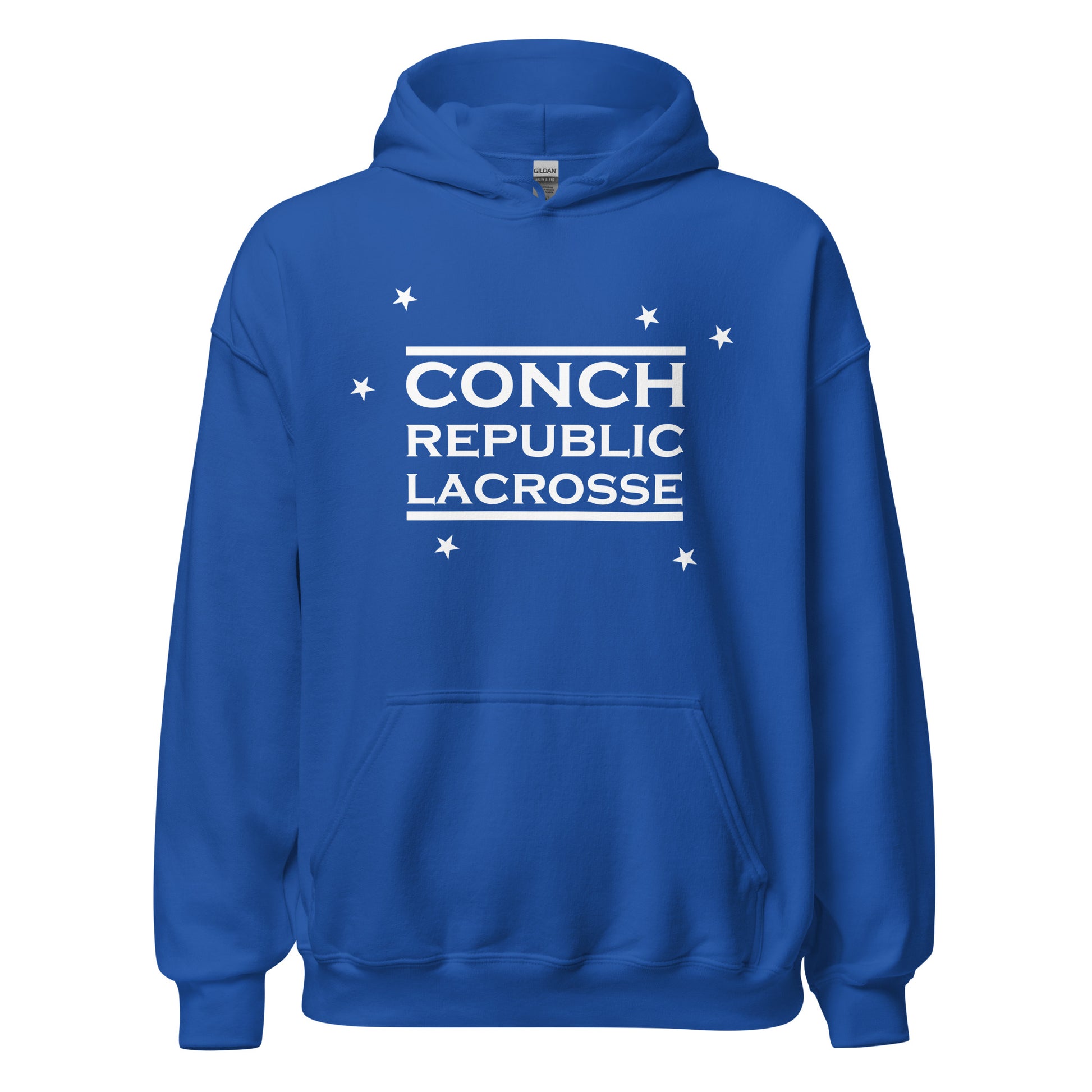 Blue hoodie with 'Conch Republic Lacrosse' text on a white background