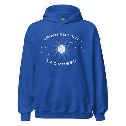 Blue hoodie with 'Conch Republic Lacrosse' logo on a white background