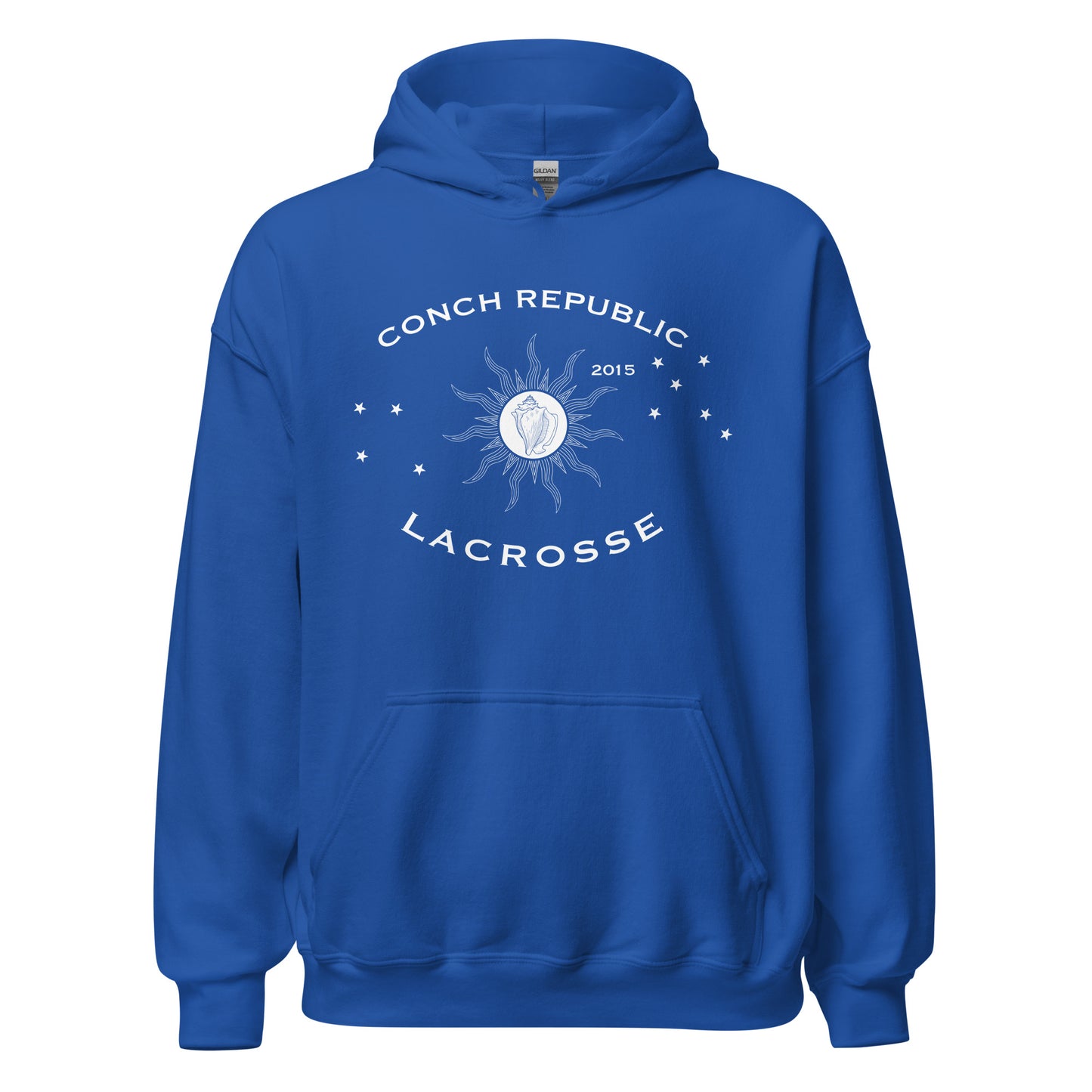 Blue hoodie with 'Conch Republic Lacrosse' logo on a white background