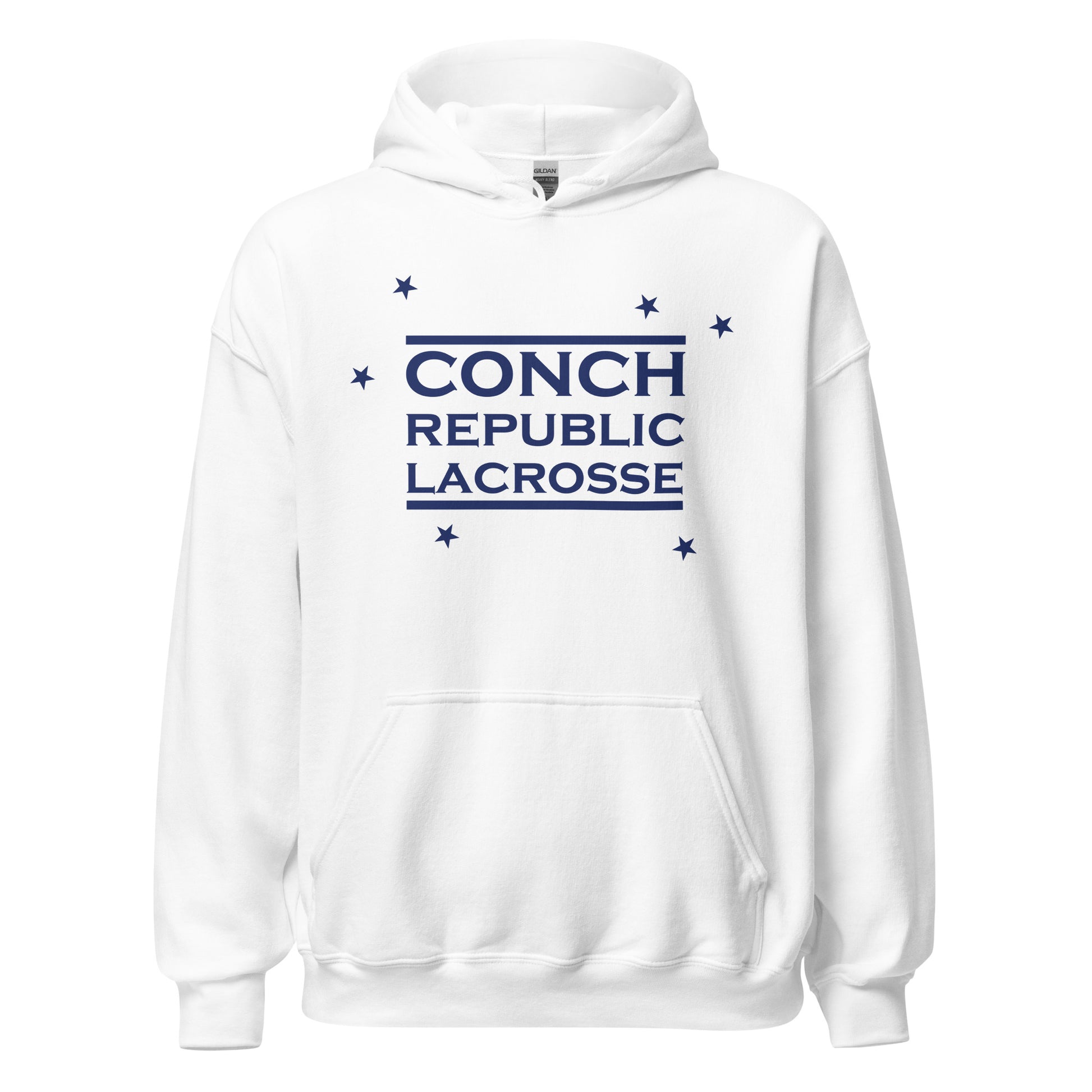 White hoodie with 'Conch Republic Lacrosse' text on a white background