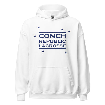 White hoodie with 'Conch Republic Lacrosse' text on a white background