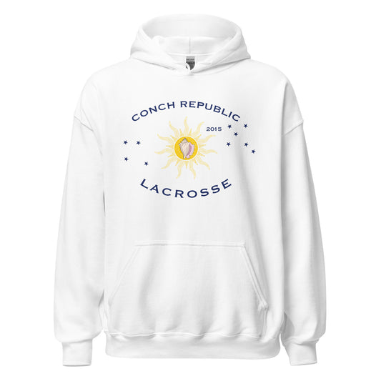 White hoodie with 'Conch Republic Lacrosse' logo on a white background