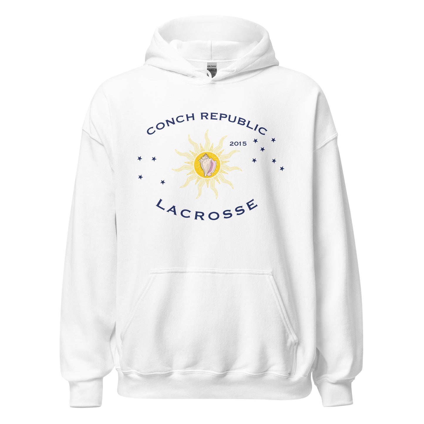 White hoodie with 'Conch Republic Lacrosse' logo on a white background