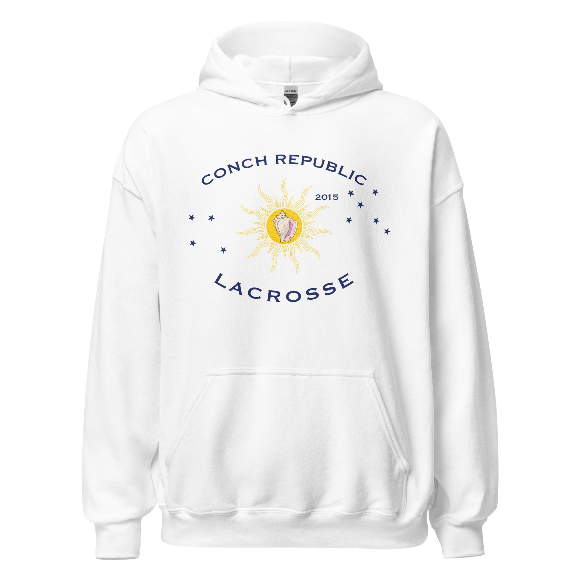 White hoodie with 'Conch Republic Lacrosse' logo on a white background